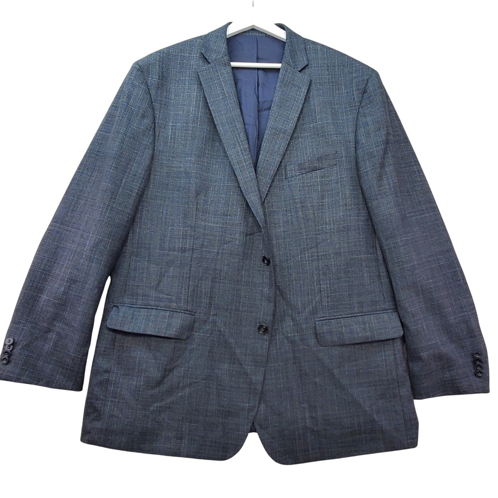 Michael Kors‎ Blazer Jacket Men 48L Gray Blue Plaid Windowpane  Single Breasted